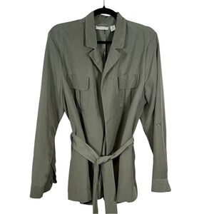 Chico's Cardigan Size XL Forest Green Open Front Button Tab Sleeves Silky